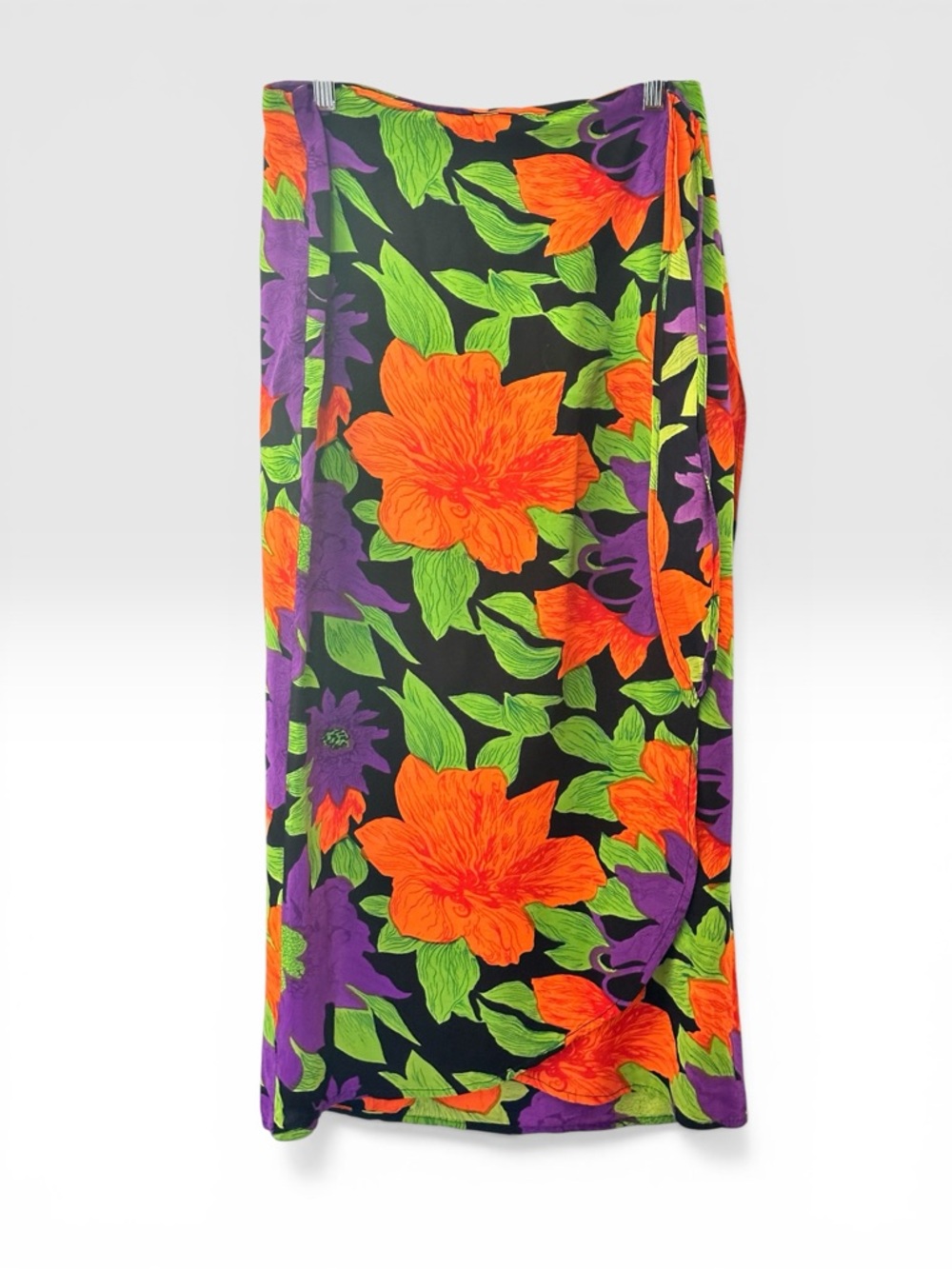Feelings, Womens Wear Vtg
1990s Wrap Skirt Y2K Tropical Floral Lg Purple Or. Grn